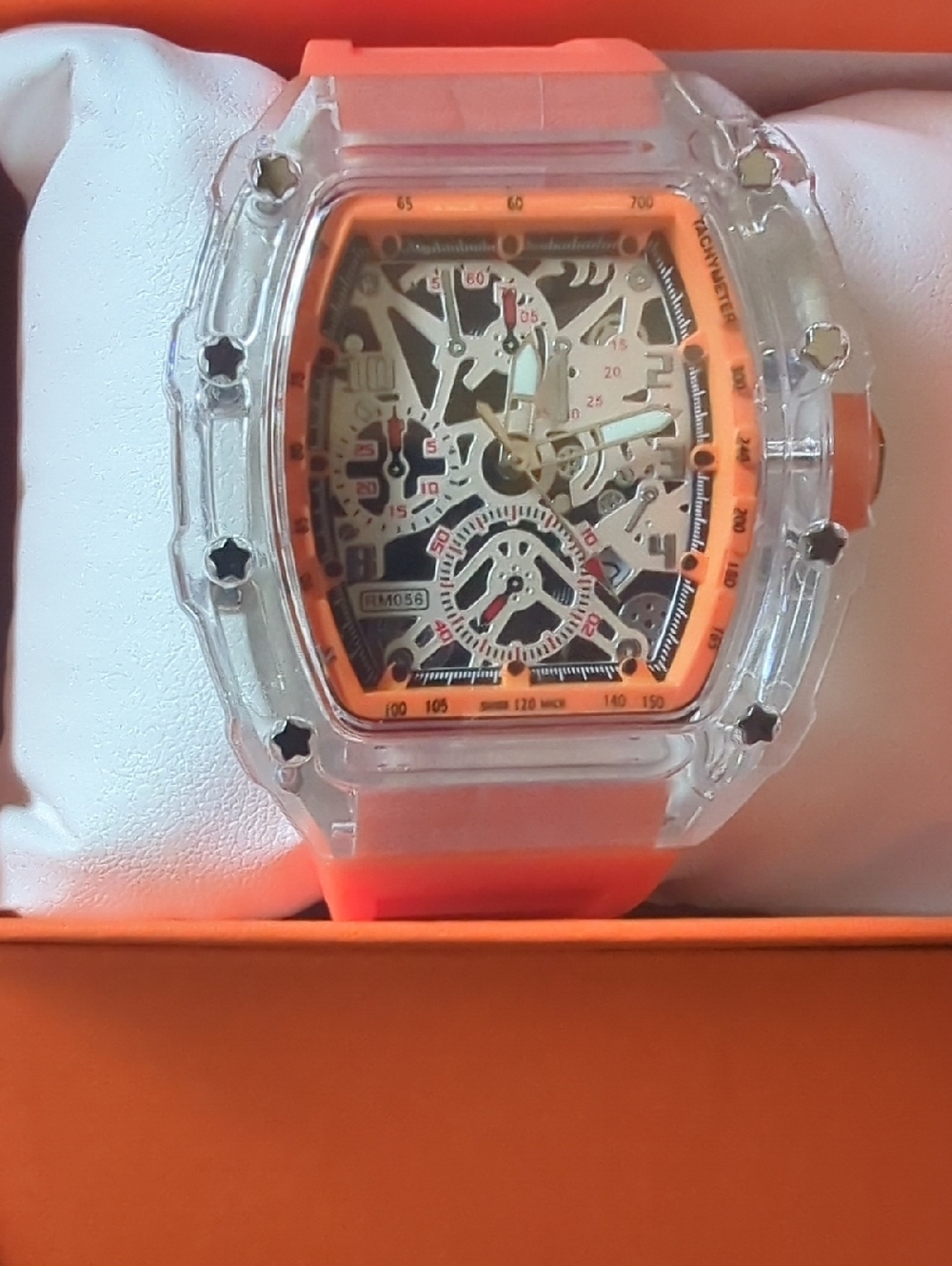 Transparent Case Orange Strap Skeleton Dial Sport Watch